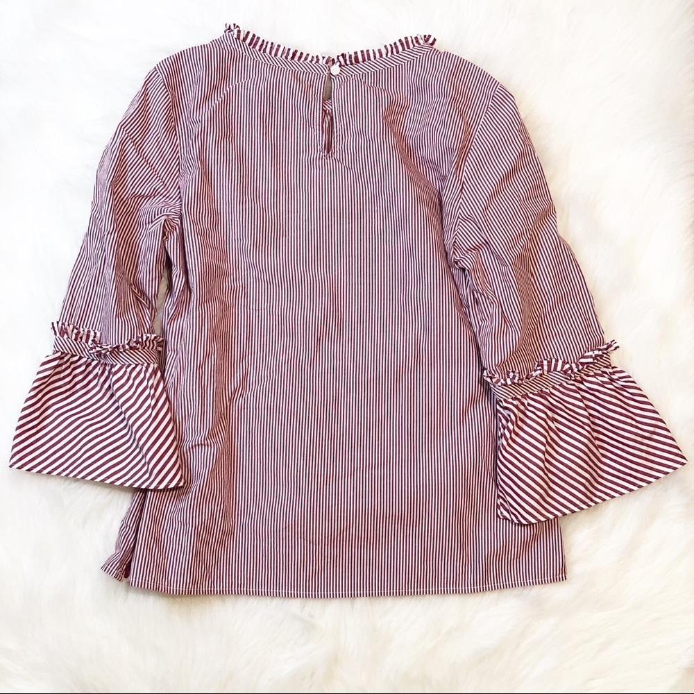 Talbots white/maroon stripe ruffle neck blouse SP - Picture 2 of 5
